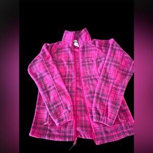 Women’s Columbia fleece zip up, pinkish/purplish plaid, small